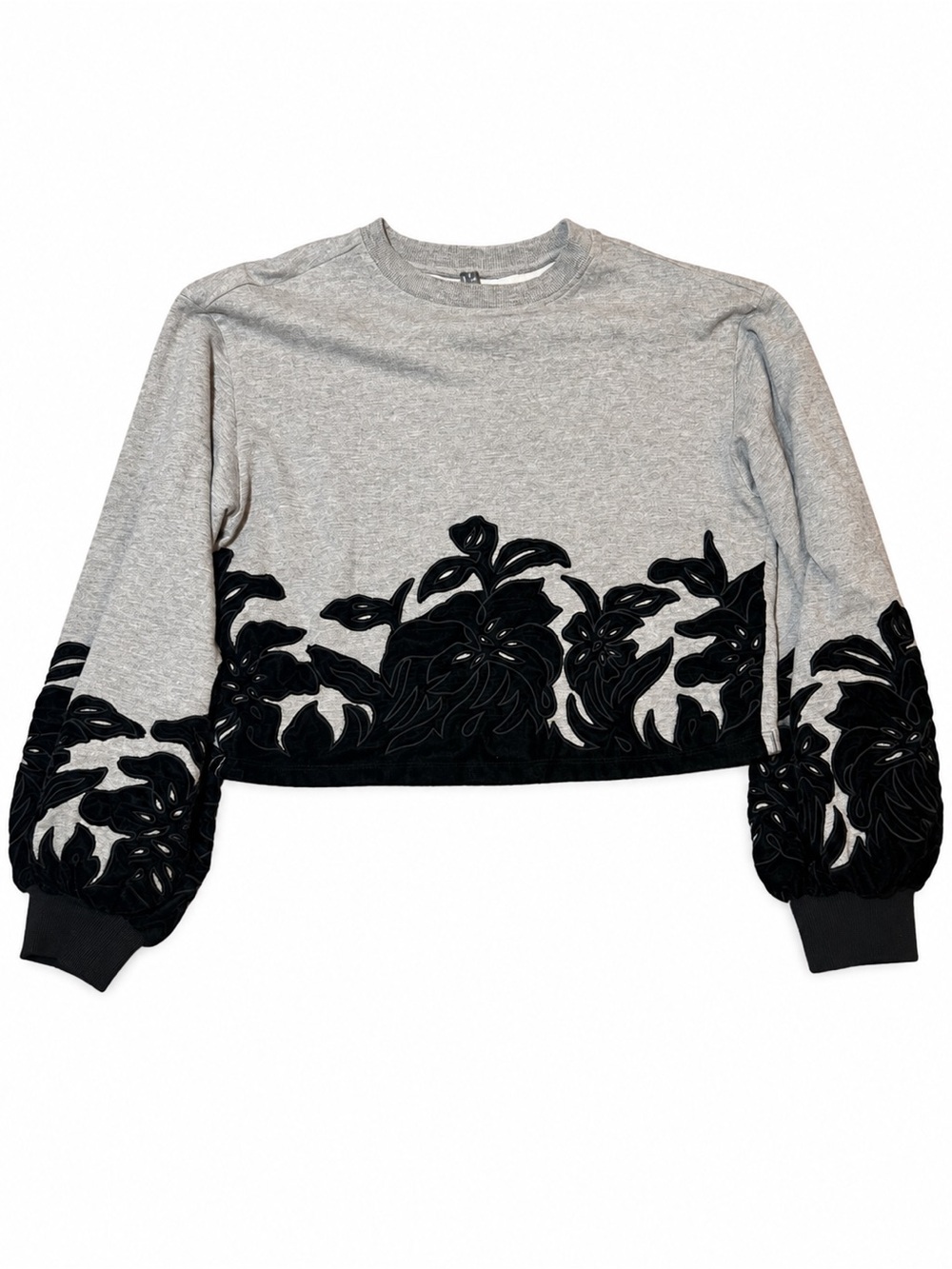 Anthropologie Gray Black Velvet Floral Appliqué Cropped Sweatshirt S